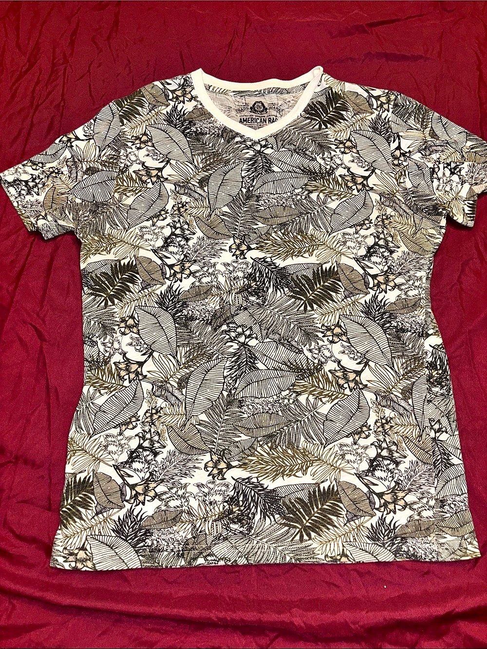 American Rag Allover Leaf Print V-Neck T-Shirt White & Green